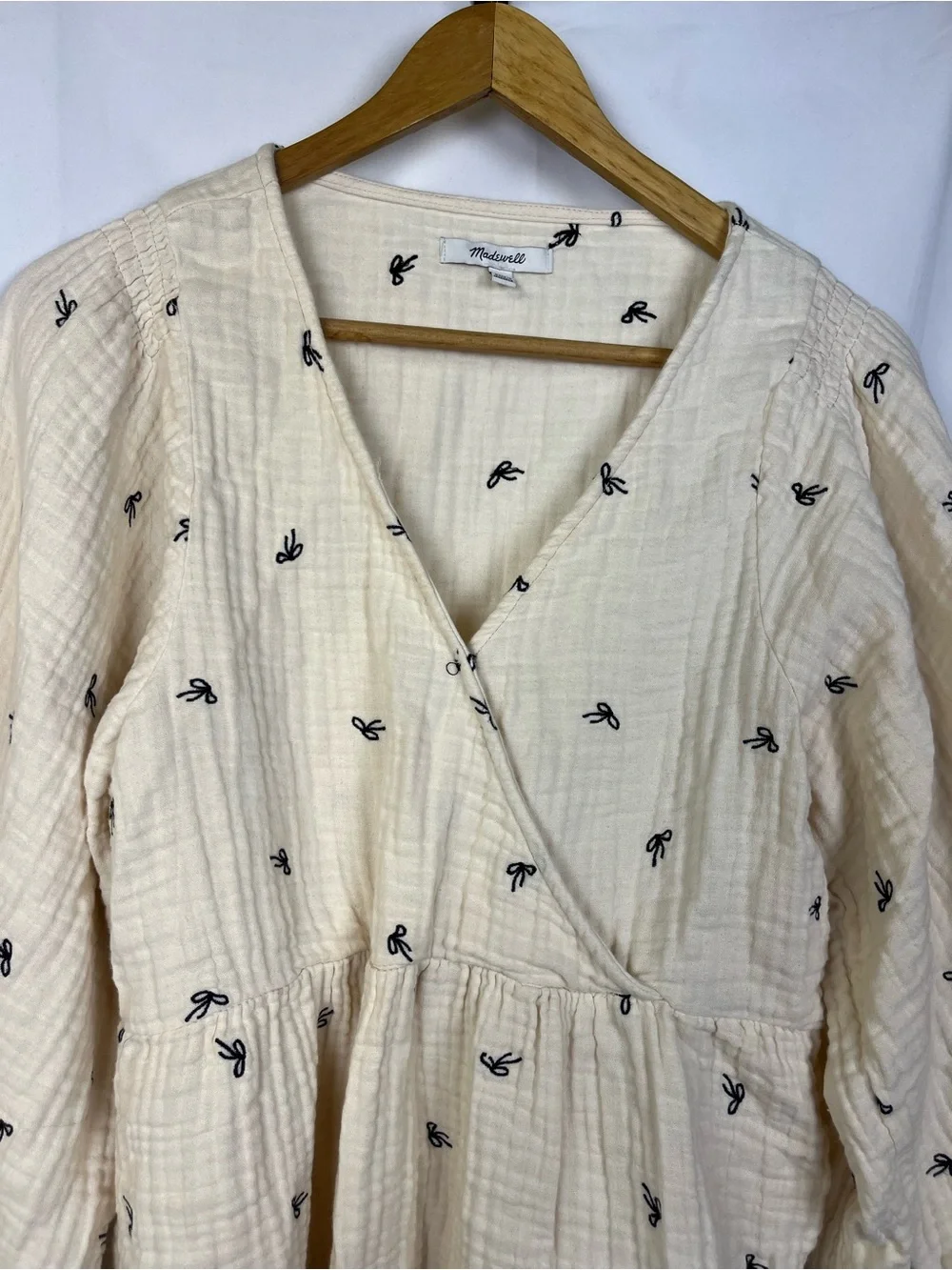 Madewell Lightspun Peplum Faux Wrap Top Tiny Bows Women Cream Puff Sleeve Sz XS